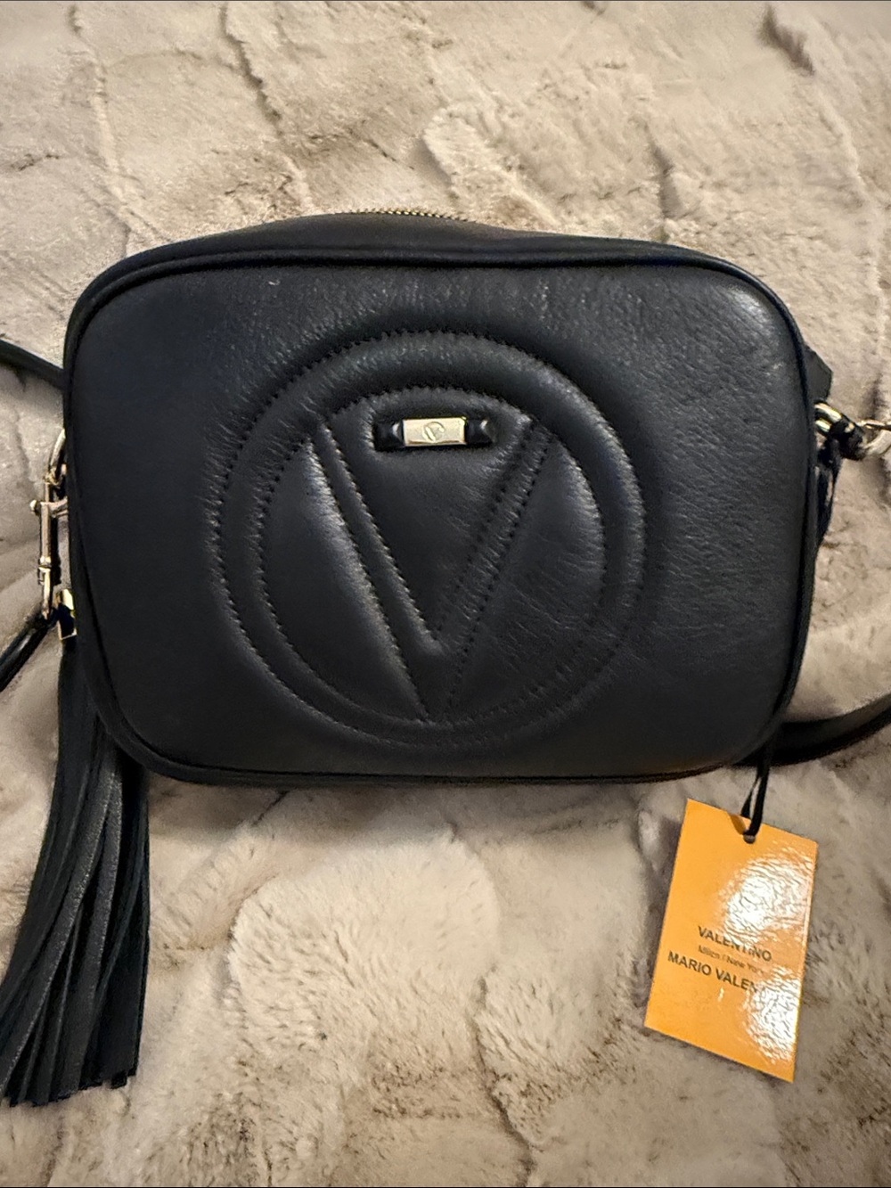 Mario Valentino Black Quilted Logo Crossbody with Tassel Accent